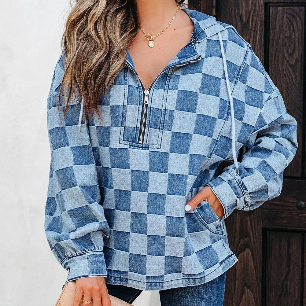 Sky Blue Checkerboard Zipped Neck Kangaroo Pocket Denim Hoodie