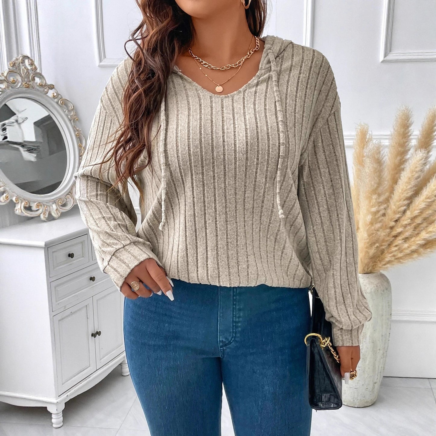Solid Color Plus Size Women's Clothes Top V-neck